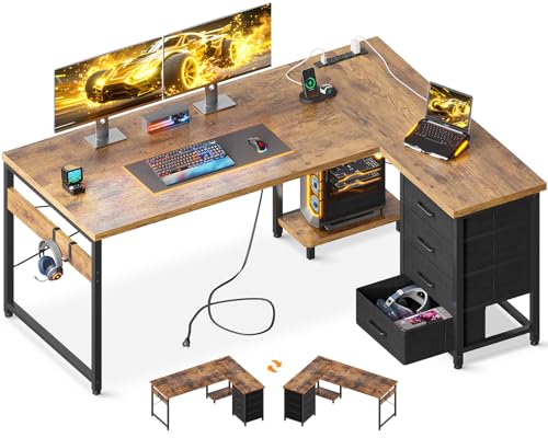 L Shaped Gaming Desk with 4 Drawers, 53" Reversible Home Office Desks with Power Outlets, L Shaped Computer Desk with USB Charging Port and Host Stand, Corner Desk, Easy to Assemble, Vintage