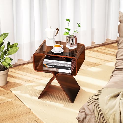Acrylic Nightstand Side Table Modern Design Clear Home Decor Display End Table for Living Room (Dark Brown)