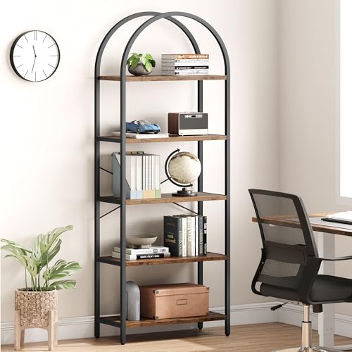 Bookshelf 5 Tier Bookcase Arched Display Racks Tall Standing Bookshelves Metal Frame Modern Storage Rack Shelf Large Wood Book Shelf for Bedroom, Living Room, Home Office (Rustic Brown)