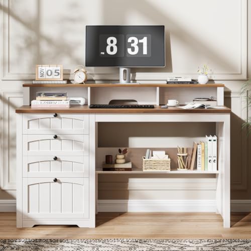 47" Farmhouse Executive Desk with 4 Drawers, Rustic White and Brown, view 5