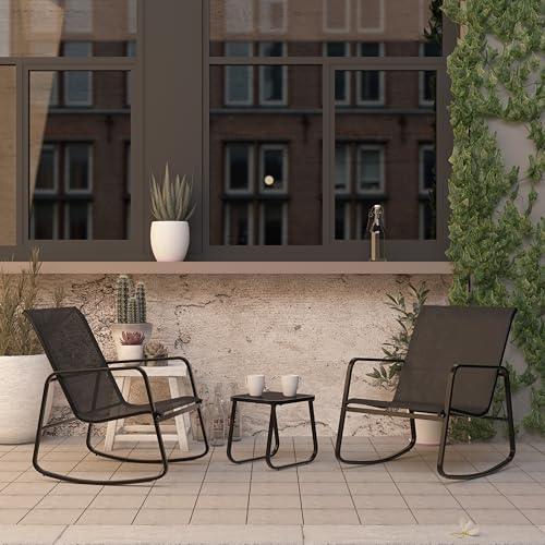 3 Piece Patio Outdoor Furniture Set, Textilene Fabric Patio Conversation Bistro Set with Rocking Bistro Chairs and Table, Small Patio Furniture Set for Backyard, Lawn, Garden, Poolside