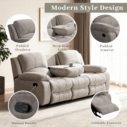 Soft Microfiber Reclining Sofa Set, Drop Down Table, Cupholder Console, Living Room Set, Sofa Loveseat Glider Chair 8018M (Light Grey, Sofa+Loveseat+Chair)