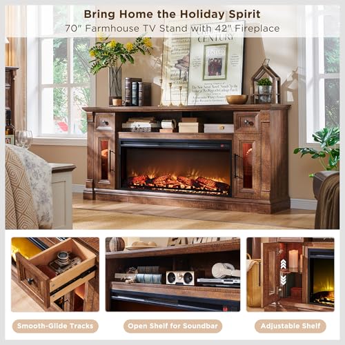 70" Farmhouse Fireplace TV Stand for TVs Up to 80", Reclaimed Barnwood | 42" Electric Fireplace, Color Changing Flame, 2 Open Cubbies, 2 Spacious Drawers, LED Glass Door Cabinets, Retro Handles