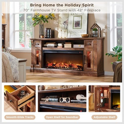 70" Farmhouse Fireplace TV Stand for TVs Up to 80", Reclaimed Barnwood | 42" Electric Fireplace, Color Changing Flame, 2 Open Cubbies, 2 Spacious Drawers, LED Glass Door Cabinets, Retro Handles