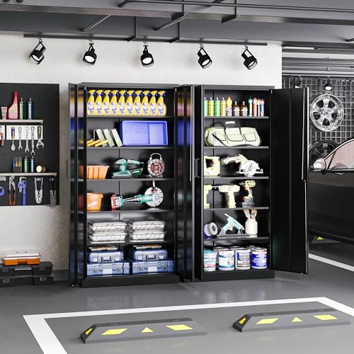 72" Tall Metal Storage Cabinet with Lock, Garage Cabinet with 2 Locking Doors and 5 Adjustable Shelves,Steel Locking Cabinets for Garage,Home Office,Kitchen,School,Warehouse(Black)