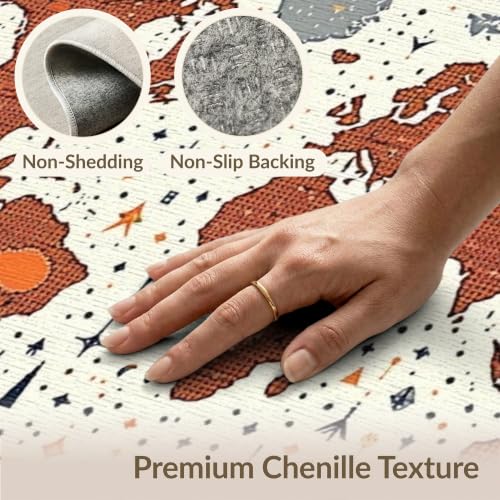 8'x10' Washable Area Rug Earth World Map Boho Design with Astronomy Planet Continents and Star Accents Foldable Easy Care for King Size Bedroom, Master Suite, Under Bed
