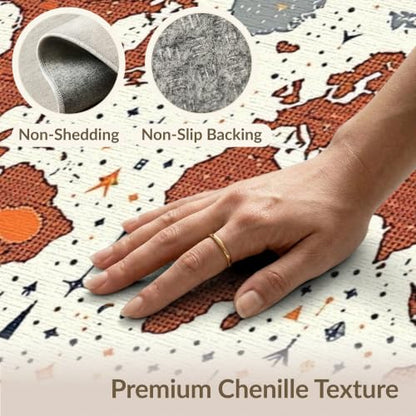 8'x10' Washable Area Rug Earth World Map Boho Design with Astronomy Planet Continents and Star Accents Foldable Easy Care for King Size Bedroom, Master Suite, Under Bed