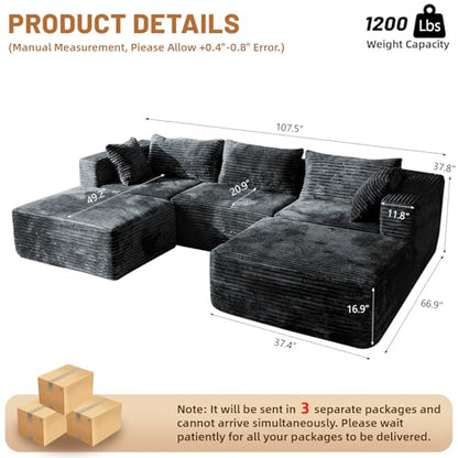 110 Modular Sectional Boneless Sofa with 2 Ottomans, Corduroy U-Shaped Modular Sectional Sofa, Convertible Cloud Couch with Deep Seats, No Assembly Required (Grey, 110" 3Seat+2 0ttoman)