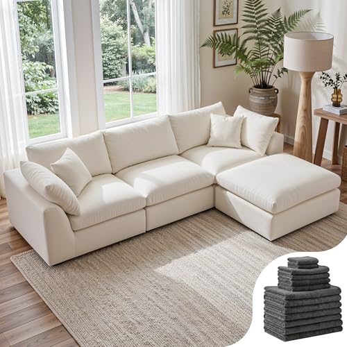 108" Cloud Sectional Couch with 2 Washable Cover Sets | Convertible L Shaped Modular Sofa with Ottoman, 3 Seater Deep Seat Couch for Living Room, White with Extra Gray Covers