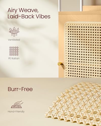 VASAGLE 6-Tier Bookcase, Bookshelf with Rattan-Like Door, Boho Style, Freestanding 15.7-Inch Wide Storage Shelf, Metal Frame, Adjustable Shelf, for Living Room, Oak Beige and Pearl White ULLS122W57