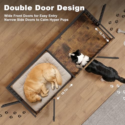 78" Double Dog Crate Furniture for Medium/Large Dogs, Brown, Thick wood, view 4