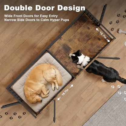 78" Double Dog Crate Furniture for Medium/Large Dogs, Brown, Thick wood, view 4