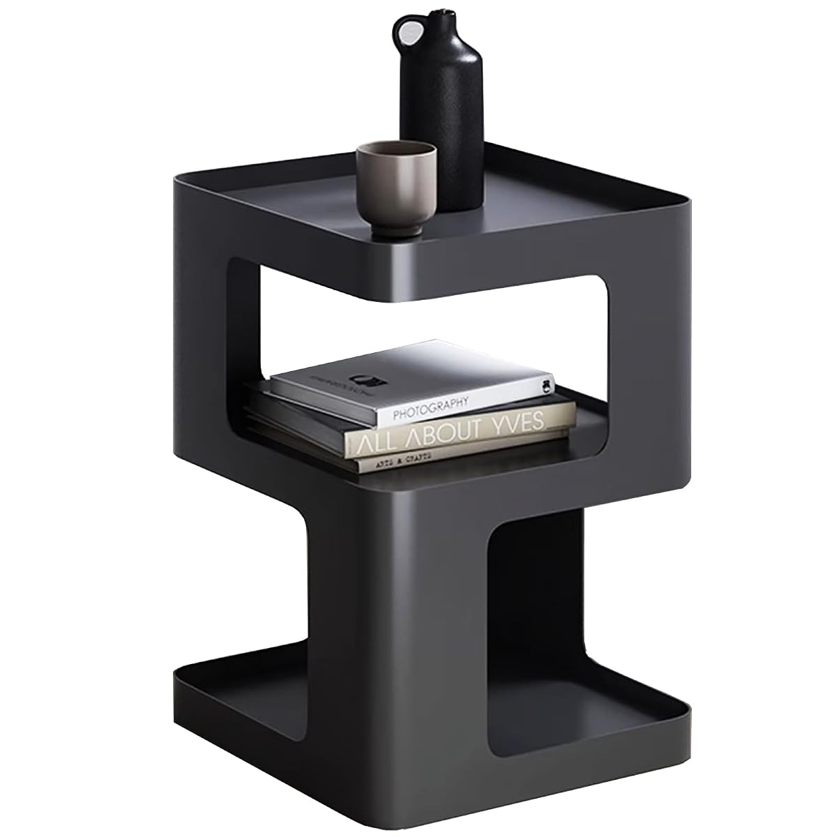 Modern Metal Side Table with Storage,Small End Table for Sofa & Couch,3-Tier Compact Nightstand for Small Spaces,Black Bedside Tables for Living Room & Bedroom,No Assembly Required