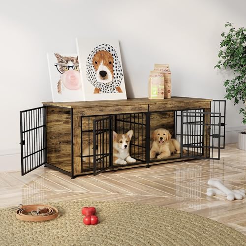 63" Double Dog Crate Furniture with Divider, Adjustable Feet, view 6