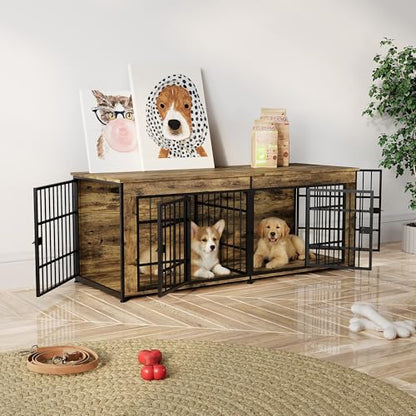 63" Double Dog Crate Furniture with Divider, Adjustable Feet, view 6