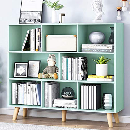IOTXY Wooden Open Shelf Bookcase - 3-Tier Bookshelf with Leg, Tiffany-Green | Nordic Minimalist Style, MDF Material, Raised Solid Wood Legs, 8 Storage Cubes Display, Floor-Standing Cabinet Organizer