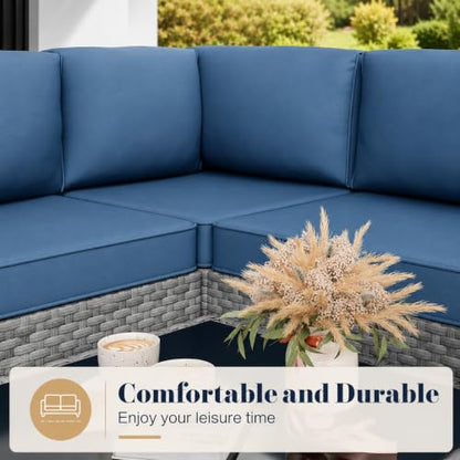 5-Piece Patio Furniture Set, All-Weather Wicker Outdoor Sectional Sofa with Soft Cushions, Modular Conversation Set for Backyard, Deck, Garden & Poolside(Aegean Blue Cushion)