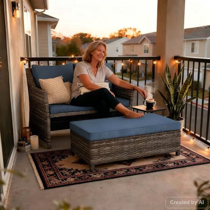 2-Piece Outdoor Patio Furniture Wicker Love-seat and Coffee Table Set, with Built-in Storage Bin, Grey Rattan, Navy Blue Cushions