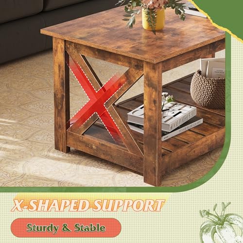 Farmhouse Coffee Table for Living Room, 40.1" Rustic Center Table with X-Frame Support & Storage Shelf, 2-Tier Wood Coffee Tables for Bedroom & Balcony, Rustic Brown