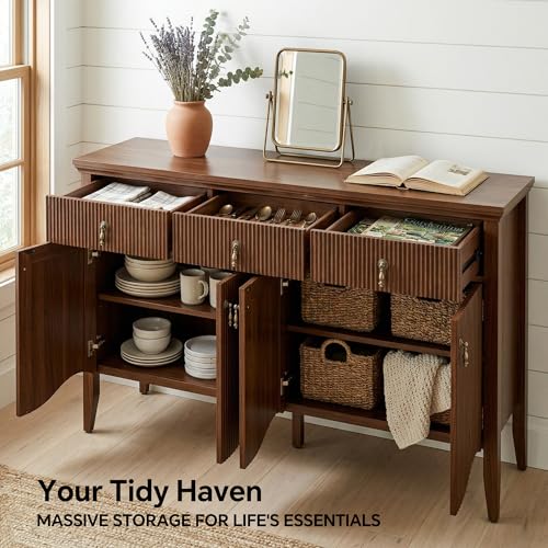 57" Fluted Sideboard Buffet,Retro Storage Cabinet, Walnut, view 5