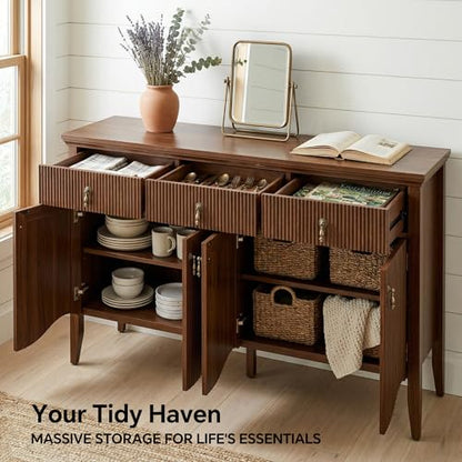 57" Fluted Sideboard Buffet,Retro Storage Cabinet, Walnut, view 5