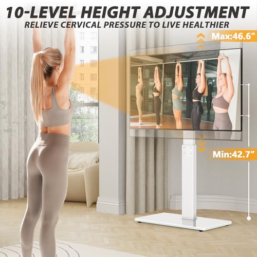 TAVR Swivel Floor TV Stand Base for 32-75 Inch TVs up to 110 lbs | Tall TV Stand for Bedroom with Height Adjustment and Tempered Glass Base for Media Storage and Space Saving, White