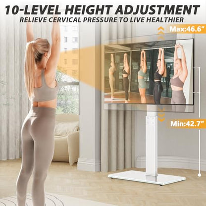 TAVR Swivel Floor TV Stand Base for 32-75 Inch TVs up to 110 lbs | Tall TV Stand for Bedroom with Height Adjustment and Tempered Glass Base for Media Storage and Space Saving, White