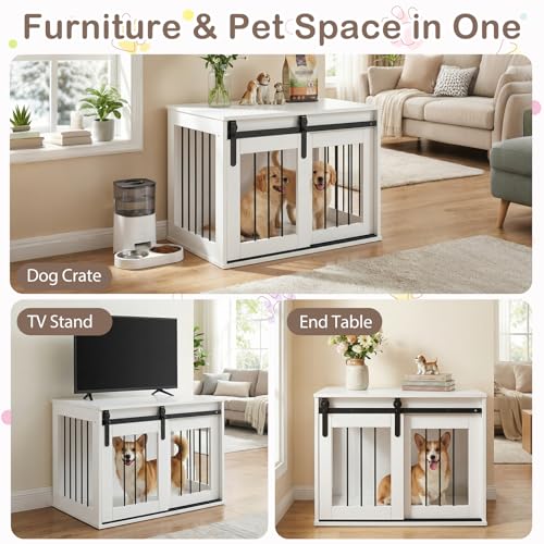 Farmhouse Wooden Dog Crate Furniture with Sliding Barn Door, view 5