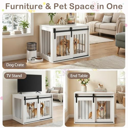 Farmhouse Wooden Dog Crate Furniture with Sliding Barn Door, view 5