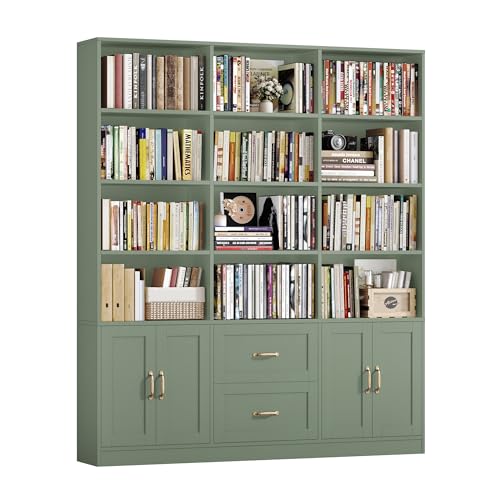 71" Tall Triple Wide Bookshelf with Storage Drawers & Doors, Green, view 2
