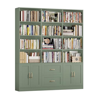 71" Tall Triple Wide Bookshelf with Storage Drawers & Doors, Green, view 2