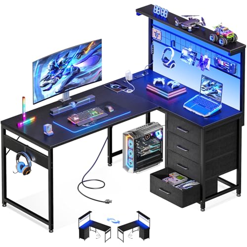 43" L Shaped Gaming Desk with Shelf & 4 Drawers, Black, view 2