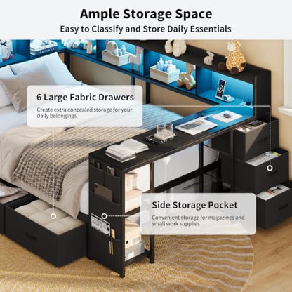 Full Corner Bed Frame with Bookcase Headboard and Hidden Storage, Black, view 7