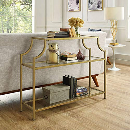Aimee Sofa Console Table with Storage Shelves for Hall, Entryway, or Living Room, Gold and Glass