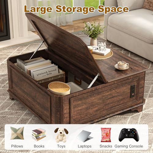 40 Inch Coffee Tables for Living Room Farmhouse Lift Top with Charging Station and Hidden Storage - Square Center Table with Adjustable Lifting Top and Large Storage for Bedroom, Home Office, Brown