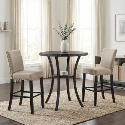 Biony 3 Piece Set - 36" Round Espresso Bar Table with Nail Head Stools, Tan
