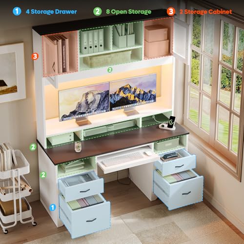77.8" H Computer Desk with Hutch, Charging Station, LED Light,White, view 5