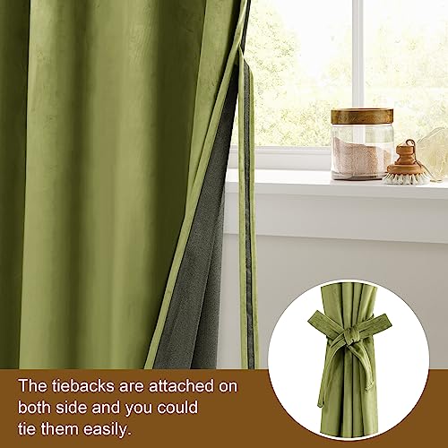 Moss Green Velvet Curtains 96 inches with Tiebacks - Elegant Sunlight Blocking Curtains for Living Room Thermal Insulated Noise Reducing Window Shade Panels for Living Room, W52 x L96, 2 Panels