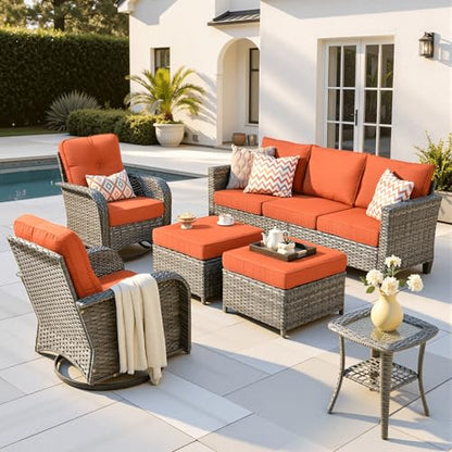 6 Pieces Patio Furniture Set, Outdoor Wicker Sofa Couch with Swivel Glider Chairs Comfy Cushions, Modern Deep Seat Rattan Conversation Sets for Deck Porch, Orange Red