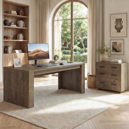 63" L-Shaped Executive Desk with File Cabinet, Brown, view 2
