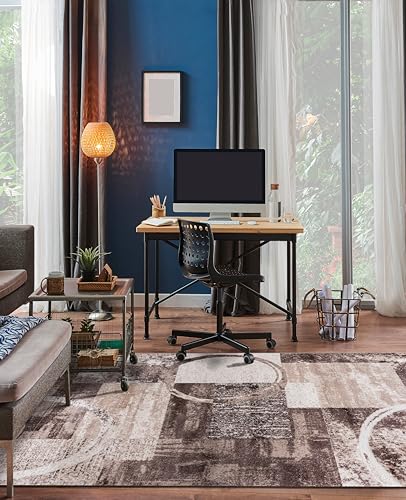 Brown Contemporary Abstract Area Rug, Soft Indoor Carpet with Jute Backing, Non-Shedding Distressed Geometric Circle Design for Living Room, Bedroom, Dining Room and Home Office, 5'3" x 7'3"