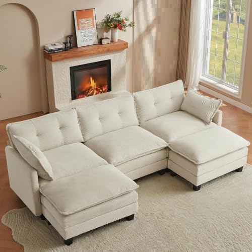 111.5" U Shaped Modular Sectional Sofa, Beige Corduroy | Cloud Couch for Living Room, 3 Seater Deep Seat Convertible Sleeper Sofa with 2 Movable Ottomans and 2 Leg Height Options