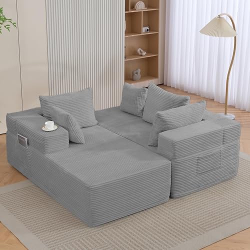 105'' Cloud Sectional Couch, Modular L-Shaped Boneless Sectional Sofa, Corduroy Deep Seat Couch, Small Space Sofas for Living Room Bedroom Apartment, No Assembly, Grey
