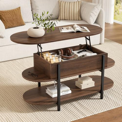 41.7" Fluted Oval Lift Top Coffee Table with Hidden Storage, Walnut | Fluted Wood Center Table, 3 Tier Small Tables with Curved Edge, Modern Narrow Coffee Table for Living Room Reception Room