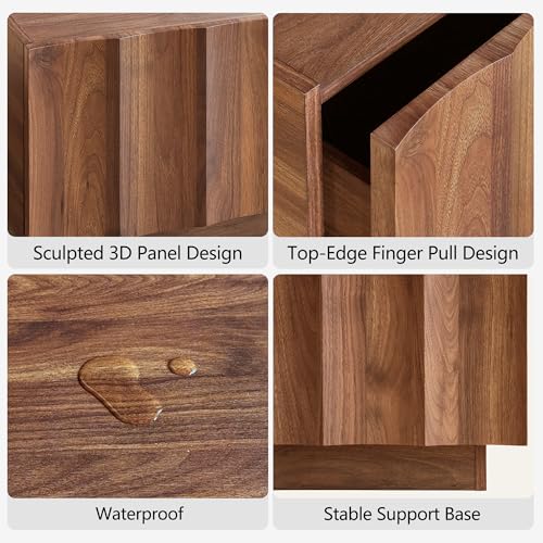 Square Coffee Table with Storage, Mid Century Modern Coffee Table with Wave Design, Wood Grain Finish, Minimalist Center Table with Top-Edge Finger Pull Design for Living Room, Office, Walnut