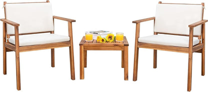 Patio Set 3 Piece Acacia Wood Outdoor Furniture Conversation Seat with Table & Cushions Porch Chairs for Balcony, Deck, Backyard, Beige