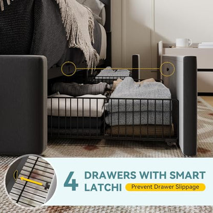 Full Size Velvet Upholstered Storage Bed Frame with Adjustable Vertical Channel Tufted Headboard, 4 Large Underbed Drawers, Sturdy Platform, Noise-Free, No Box Spring Needed, Grey