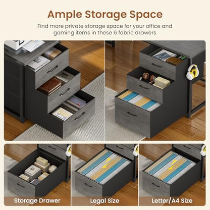 L Shaped Gaming Desk with Drawers, Reversible Computer Corner Desk with File Drawer, Hutch, Storage Shelves for Home Office, Gaming Two Person Desk with Led Lights, Power Outlet, Grey