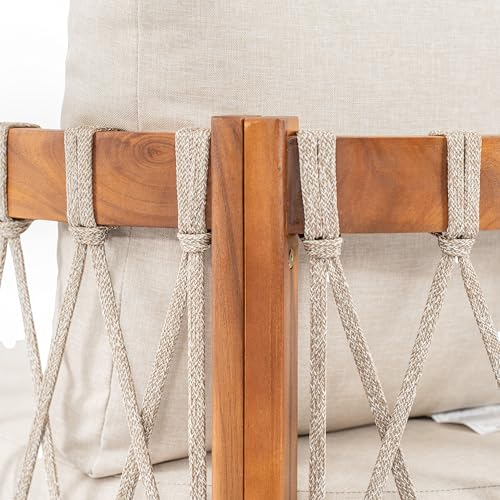 Coastal Haven Acacia Wood Lounge Chair Outdoor with Removable Cushion, Wooden Patio Accent Chair with Woven Rope Details, Outdoor Armchair for Patio Furniture Set, Teak+Beige
