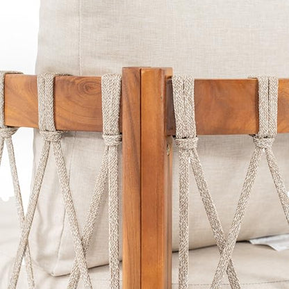 Coastal Haven Acacia Wood Lounge Chair Outdoor with Removable Cushion, Wooden Patio Accent Chair with Woven Rope Details, Outdoor Armchair for Patio Furniture Set, Teak+Beige